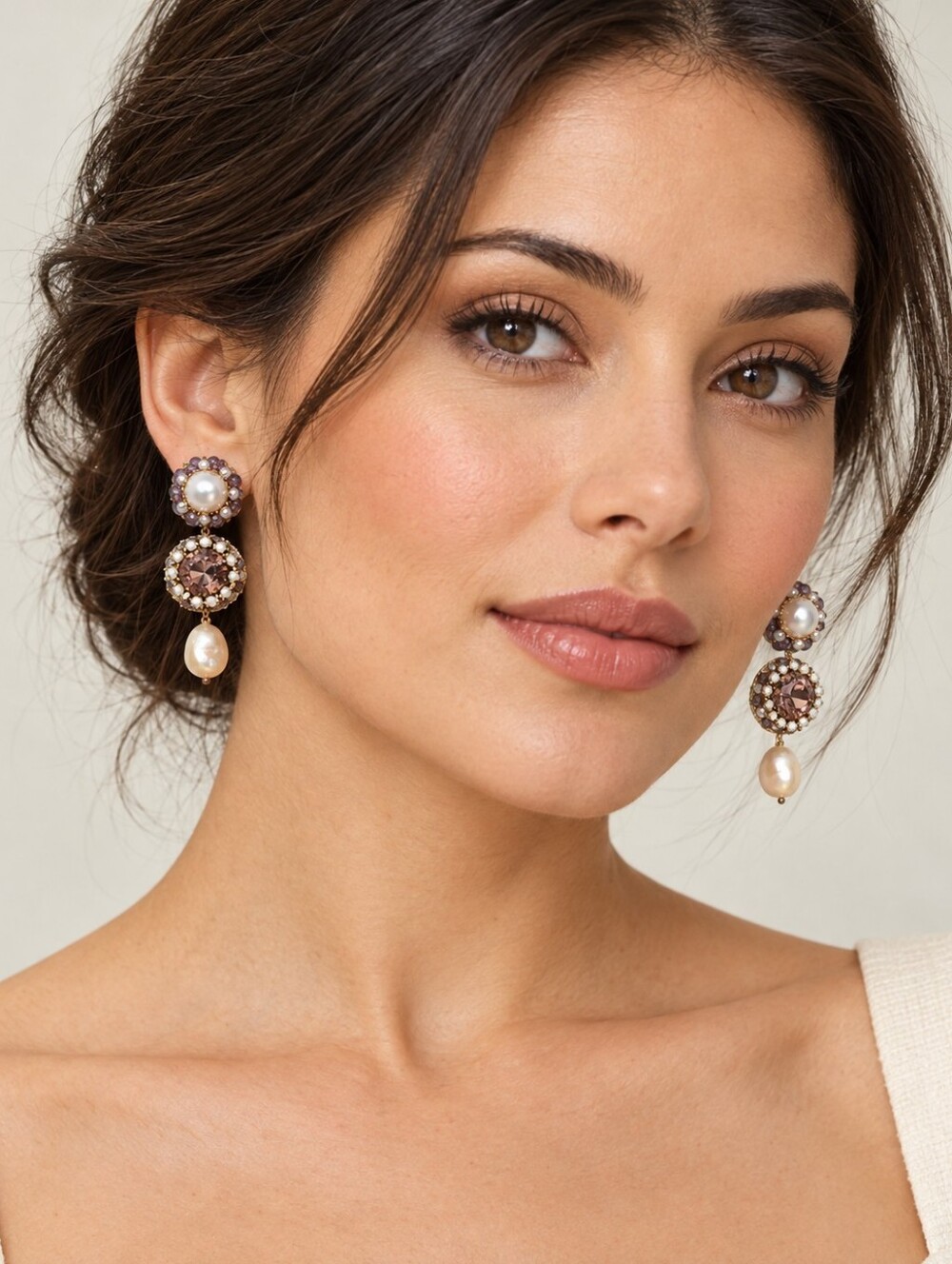Deepa Gurnani Pearl & Champagne Crystal Drop Earrings Handmade
